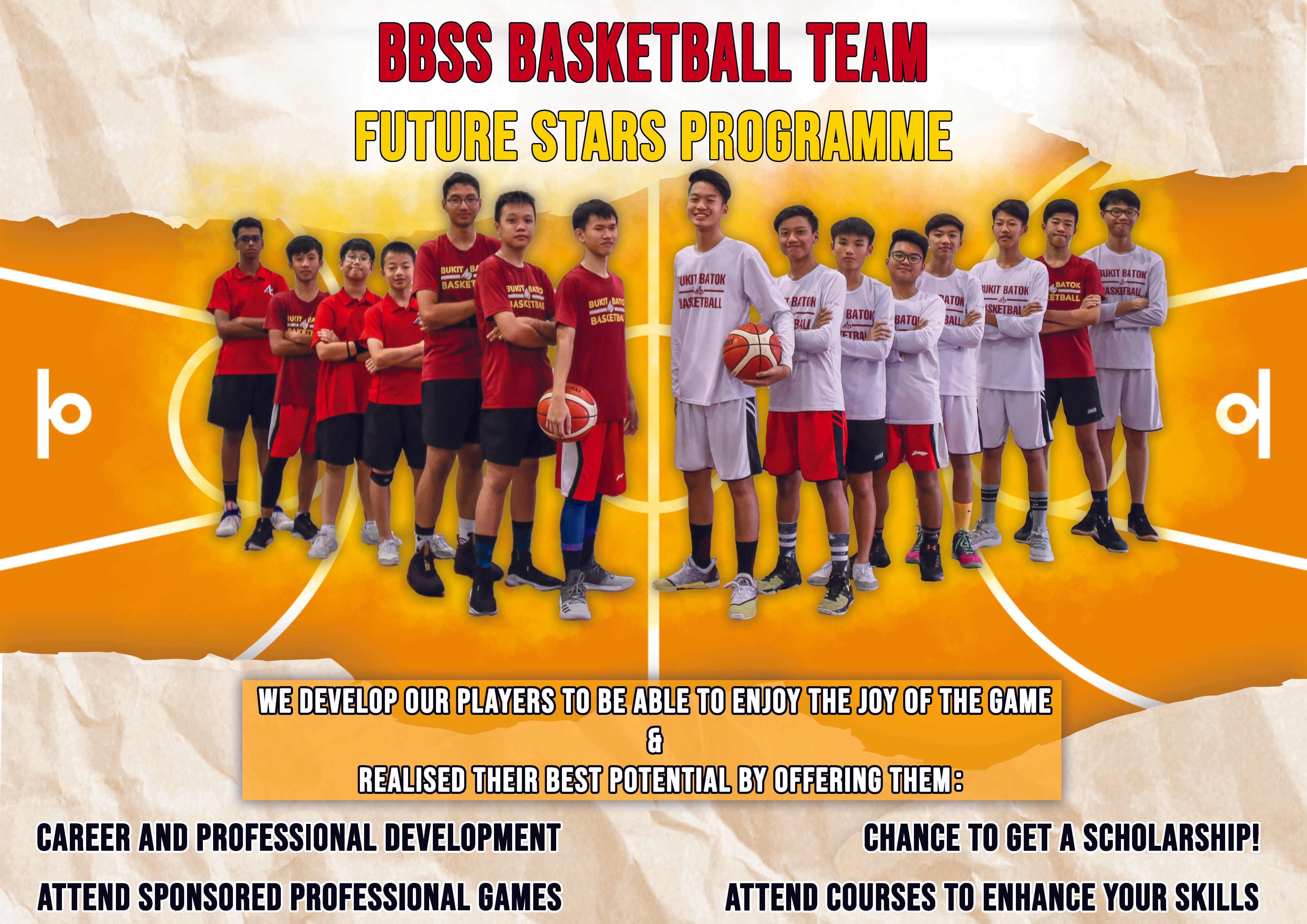 Basketball team poster with two lines of players in red and white jerseys on an orange court background.